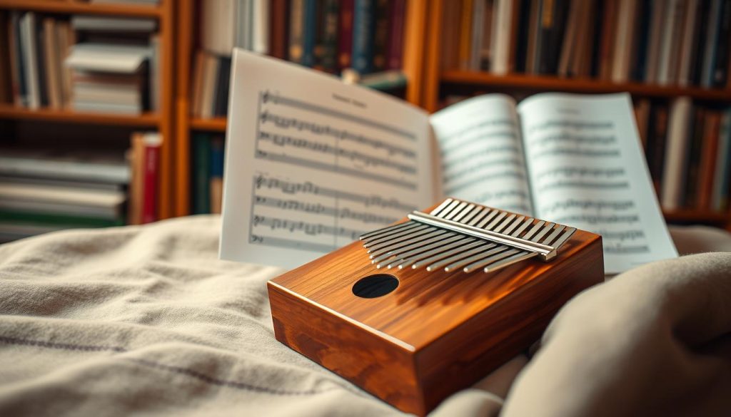 A beautifully arranged kalimba, prominently featured in the foreground, showcasing its wooden body and meticulously crafted metal notes. The kalimba rests on a soft, inviting fabric, hinting at a cozy musical atmosphere. In the middle ground, neatly organized sheets of music notation flutter gently, adorned with colorful notes indicating the theme of Hedwig from Harry Potter. The background is softly blurred, featuring a bookshelf filled with various music books, creating a serene, creative environment. Warm, golden lighting bathes the scene, evoking a sense of inspiration and focus, perfect for music preparation. The camera angle captures the kalimba in a slightly elevated position, inviting viewers to admire its craftsmanship and the enchanting world of music.