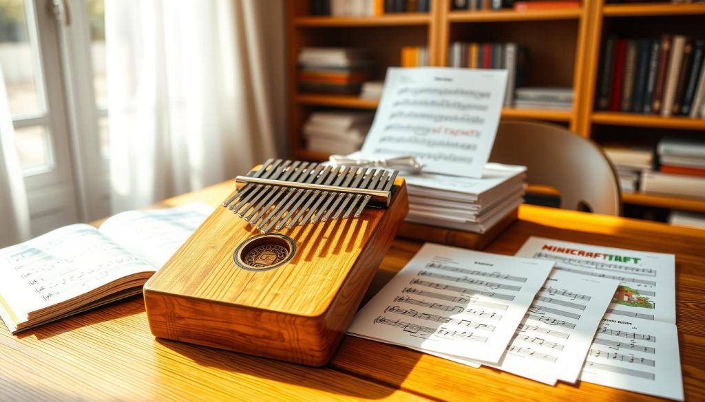 A beautifully arranged kalimba set on a wooden table, surrounded by neatly organized music sheets showing colorful notations and tablatures specific to Minecraft melodies. The foreground focuses on the intricately designed kalimba, showcasing its wooden texture and metal tines glinting softly in warm, natural light. In the middle, the music sheets are spread out, some slightly curled and others stacked, displaying vibrant illustrations that correspond with popular tunes from the game. The background is softly blurred, hinting at a cozy room with wooden shelves filled with musical instruments and books, enhancing a creative, inviting atmosphere. The overall mood is playful yet artistic, perfect for music lovers and Minecraft fans alike.