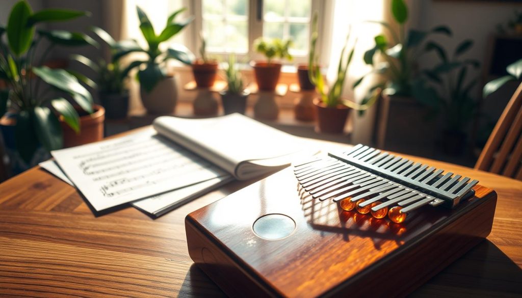A beautifully arranged kalimba tab laid out on a wooden table. The foreground features the kalimba, its glossy, polished wood reflecting gentle sunlight, with clearly printed tabs indicating notes. In the middle, scattered music sheets with colorful annotations and illustrations of musical notes complement the kalimba. The background showcases a soft-focus view of an inviting, cozy room, filled with houseplants and warm lighting, creating a relaxed atmosphere perfect for musical practice. Use natural light streaming through a nearby window to illuminate the scene. The overall mood should be serene and inspiring, evoking a sense of creativity and love for music, particularly the iconic themes from Undertale. No text, symbols, or distractions should be included in the image.