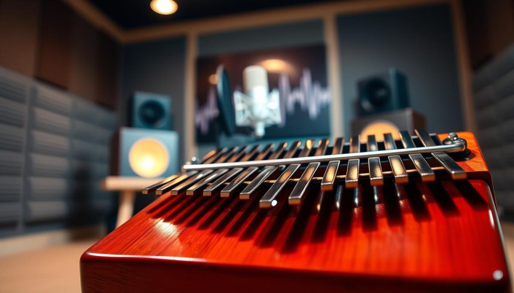 A beautifully arranged kalimba with polished wooden keys, set prominently in the foreground. The kalimba’s vibrant metallic tines catch gentle light, showcasing their gleaming surfaces. The middle ground features a soft-focus recording studio environment with acoustic panels and a subtle glow from warm overhead lights, enhancing the serene atmosphere. In the background, an elegant soundwave graphic subtly integrates that flows behind a blurred microphone, hinting at sound recording. The scene is infused with a warm, inviting mood, evoking creativity and musical exploration, while maintaining a professional and polished look. The image should be captured with a wide-angle lens to encompass the entire setup, focusing on clarity and detail without any distractions.