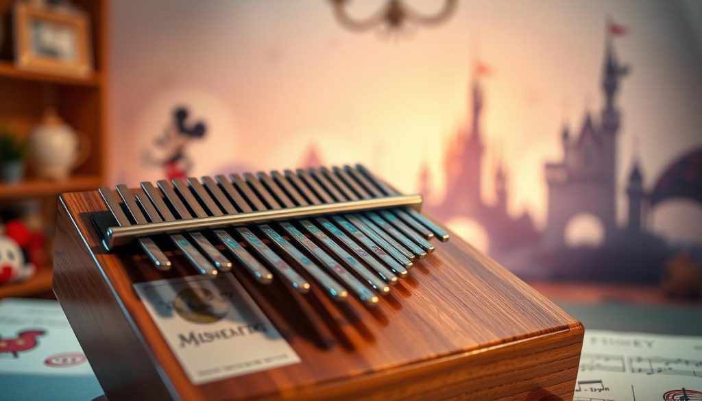 A beautifully arranged partition kalimba placed prominently in the foreground, showcasing colorful notes and sheet music that highlight classic Disney melodies. The kalimba features intricately designed wooden sides and shiny metal tines, catching soft, warm lighting that enhances its texture. In the middle ground, a cozy and inviting space is depicted, with a background of classic Disney imagery, such as silhouettes of iconic characters like Mickey Mouse and Cinderella Castle, subtly blended in soft pastels. The atmosphere is magical and nostalgic, evoking a sense of joy and creativity. The composition features a slight aerial view that captures the instrument's details while maintaining an elegant and harmonious balance, inviting the viewer to immerse themselves in a whimsical musical experience.
