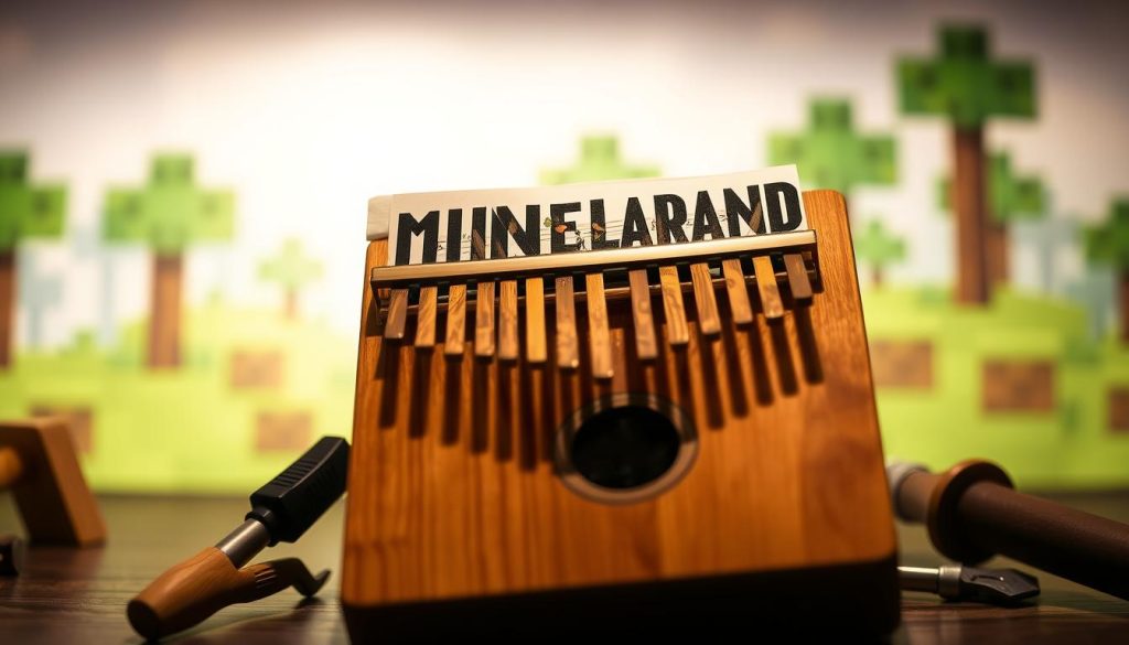 A beautifully crafted kalimba, featuring transparent wooden keys and intricate carvings, sits prominently in the foreground, showcasing its unique design. The instrument is slightly angled to reveal the delicate notes etched on the music sheet beside it, depicting a colorful Minecraft-themed melody. In the middle ground, softly focused tuning tools like a tuner and a tuning hammer are arranged neatly, enhancing the scene's purpose. The background features a subtle, blurred landscape reminiscent of a Minecraft environment, with pixelated trees and a blocky sky, suggesting the game's whimsical atmosphere. The lighting is warm and inviting, creating a cozy mood, while a gentle spotlight highlights the kalimba and sheet music, drawing attention to the central subjects.