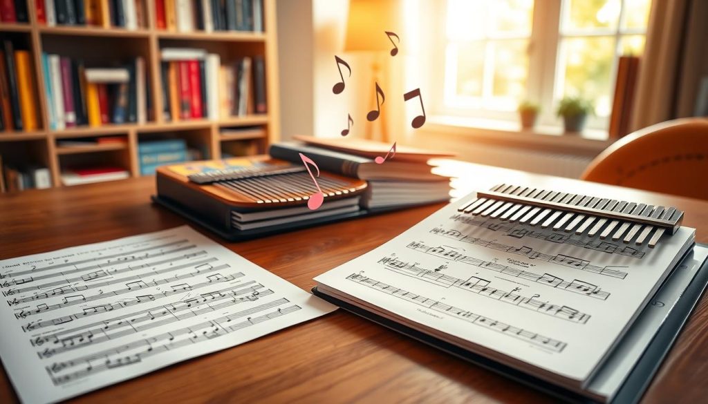 A bright and inviting workspace featuring elegant kalimba tablatures laid out on a polished wooden desk. In the foreground, a beautifully detailed sheet of music shows intricate notes and symbols specifically designed for classic Disney songs. A well-organized binder filled with colorful PDF covers, showcasing different Disney melodies, is slightly open beside the sheet. In the middle, there are delicate musical notes gracefully flowing upwards, symbolizing creativity and inspiration. The background consists of a soft-focus bookshelf filled with music-related books, a cozy lamp casting a warm glow, and a window revealing a sunny day outside, enhancing the overall cheerful mood. The lighting is soft and inviting, creating a peaceful atmosphere ideal for learning and practicing music. The scene captures the essence of a delightful musical journey.
