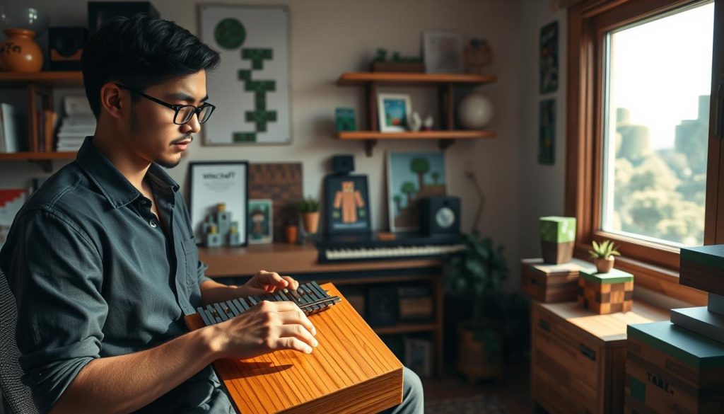 A calm and creative scene featuring a dedicated composer in a cozy studio, surrounded by Minecraft-themed elements. In the foreground, a focused individual wearing smart casual attire, playing a beautifully crafted kalimba, with fingers gently striking the keys. In the middle, shelves filled with musical sheets, Minecraft memorabilia, and colorful pixel art decorate the room, reflecting a fusion of music and gaming culture. In the background, a softly lit window shows a serene outdoor landscape, with green trees and a hint of a pixelated world, creating a whimsical atmosphere. The lighting is warm and inviting, casting soft shadows that enhance the tranquil mood, inviting viewers to explore the connection between video game music and creativity.