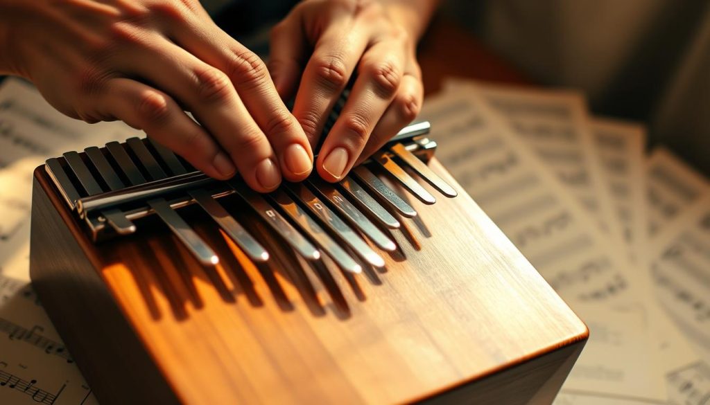 A close-up view of a pair of hands skillfully playing a kalimba, showcasing the thumb technique. The hands are elegantly positioned over the polished wooden surface of the kalimba, highlighting the intricate details of each tined note. In the background, softly blurred music sheets are scattered, hinting at classic Disney melodies. Warm, golden lighting enhances the wooden texture of the instrument while casting gentle shadows, creating an inviting atmosphere. The image should have a shallow depth of field, focusing intently on the fingers in motion, embodying fluidity and musicality. The overall mood is serene and inspiring, perfect for conveying the beauty of playing the kalimba.