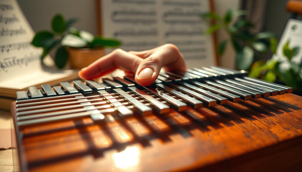 A close-up view of beautifully crafted kalimba lames, showcasing their intricate details and varying materials such as wood and metal. In the foreground, the lames glisten softly under a warm, natural light that highlights their polished surface. The middle layer includes a hand gently adjusting the tuning of the kalimba, with slender fingers artfully positioned, emphasizing craftsmanship. In the background, blurred hints of a serene workspace filled with musical sheets and subtle greenery create a calm, inspiring atmosphere. The overall mood is focused and creative, suggesting a professional approach to music-making, ideal for producing high-quality melodies. The image should evoke a sense of artistry and dedication in a cozy, inviting setting.
