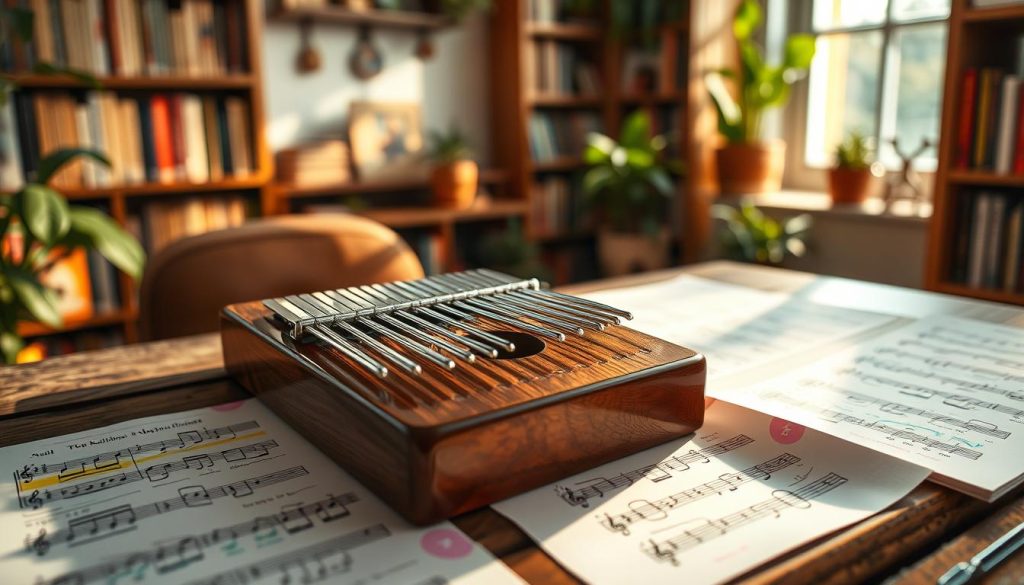 A visually captivating close-up of a kalimba resting on a rustic wooden table, surrounded by colorful, handwritten kalimba tablatures and sheet music featuring Disney classics. The foreground showcases detailed, vibrant tablature papers, with musical notes and symbols clearly visible. In the middle, the kalimba gleams softly under warm, natural light, highlighting its wooden texture and metal tines. The background features a cozy, softly blurred environment with bookshelves filled with music books and plants, creating a welcoming atmosphere of creativity. A gentle sunlight filters through a nearby window, casting a tranquil glow across the scene, inspiring a sense of harmony and nostalgia through music.