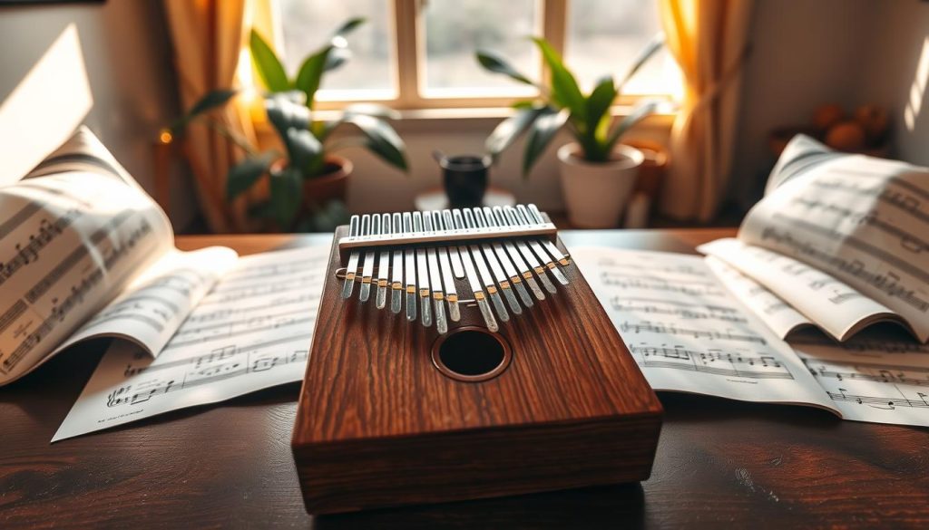 A beautifully arranged kalimba, made from polished wood, takes center stage in the foreground, with intricate engravings on its surface reflecting soft light. Surrounding the kalimba, detailed sheet music notes elegantly cascade onto a smooth, dark wooden table, highlighting the melodic essence of "Kalimba de Luna." In the middle, a cozy and inviting room is softly illuminated by warm, golden sunlight streaming through a nearby window, casting gentle shadows that enhance the setting. In the background, a subtle hint of tropical plants can be seen, adding a serene and relaxed atmosphere, evoking a sense of musical journey. The composition captures a peaceful, creative mood, ideal for inspiring a love for music and the kalimba.
