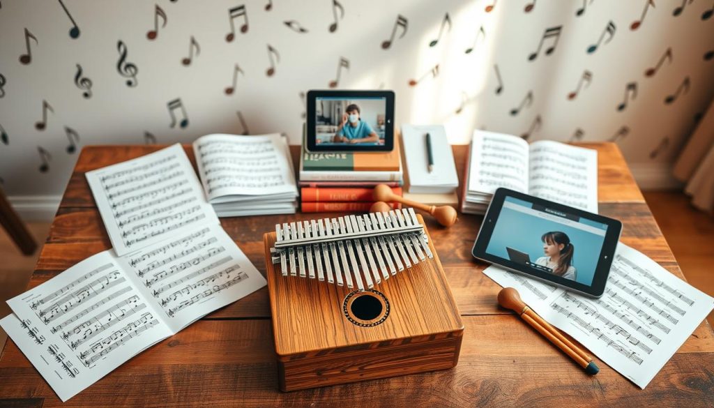 A beautifully arranged workspace dedicated to the kalimba. In the foreground, display a wooden kalimba with intricately carved details and vibrant sound holes, resting on a rustic wooden table. Surround it with neatly organized sheet music featuring colorful notes and symbols, indicating beginner-friendly pieces. In the middle, include a selection of high-quality kalimba mallets and instructional books stacked next to a tablet displaying a video tutorial. The background should feature a softly lit cozy room with musical notes painted on the walls, creating an inviting atmosphere. Use warm, natural lighting to enhance the mood, with soft shadows adding depth. The angle should be slightly above eye level, providing a comprehensive view of the entire setup without distractions.