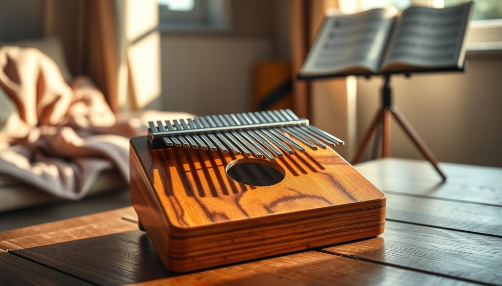 A beautifully crafted 17-note kalimba showcased in a serene setting, positioned in the foreground on a wooden table. The kalimba is made of polished wood with shiny metal tines, highlighting its intricate anatomy and design. Soft, natural afternoon light streams in from a nearby window, casting gentle shadows and illuminating the kalimba's details, creating a warm and inviting atmosphere. In the background, hints of a cozy room setting with soft fabrics and musical notes on a music stand suggest a space for practice and learning. The composition captures a peaceful and attentive mood, ideal for beginners preparing to play "Kalimba de Luna." A shallow depth of field emphasizes the instrument while keeping the background slightly blurred.
