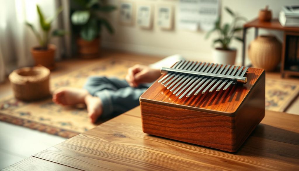 A beautifully crafted accordage kalimba is prominently displayed on a wooden table in the foreground, its polished wooden body gleaming under soft, warm lighting. The instrument features metal tines, meticulously arranged, inviting a gentle touch. Seated on a cozy rug in the middle ground, a pair of hands, clad in casual clothing, delicately tune the kalimba, showcasing the preparation process. In the background, a serene, softly lit room filled with musical notes and a potted plant hints at a calming atmosphere, enhancing the focus on the act of preparing the instrument. The image captures a warm, inviting mood, encouraging beginners to engage with their musical journey.