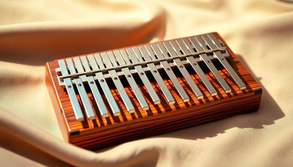 A beautifully crafted kalimba instrument with 17 metallic keys, prominently displayed in the foreground, showcasing intricate woodwork and a polished finish. The instrument is laid against a soft, textured fabric background that subtly complements its natural colors. The lighting is warm and inviting, highlighting the reflective surfaces of the keys and creating gentle shadows to emphasize the depth of the wood grain. The image is taken at a slight angle, allowing a clear view of the keys while capturing the elegant contours of the body. The atmosphere is calm and serene, inviting viewers to appreciate the craftsmanship and musicality of the kalimba, evoking a sense of nostalgia associated with music.