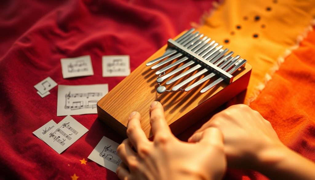 A close-up composition of a kalimba displaying its beautifully crafted wooden body and metal tines, arranged on a vibrant, textured fabric background. In the foreground, a pair of hands delicately playing the instrument, fingers gracefully striking the tines to create music. The scene is illuminated by soft, warm lighting that highlights the rich wood grain of the kalimba, reflecting a sense of creativity and calm. In the middle ground, scattered handwritten notes with simple melodies and rhythms accompany the kalimba, suggesting the theme of learning and musical exploration. The background features blurred musical notes and abstract shapes, adding depth and focusing on the idea of rhythm and sound. The overall atmosphere evokes joy and curiosity, perfect for a beginner's journey into the world of kalimba music.
