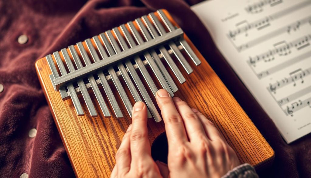 A close-up view of a kalimba, highlighting its beautiful wooden texture and 17 metallic tines, arranged in a way that suggests the couplet Dm C ostinato. The kalimba is placed on a soft, textured surface, like a dark velvet cloth, to create an elegant backdrop. In the middle ground, gentle hands are shown playing the instrument, their fingers poised delicately over the tines, wearing modest casual clothing, adding to the instructional atmosphere. The background features a softly blurred musical sheet with notes that reflect the kalimba's melodic patterns. Warm, diffused lighting enhances the natural wood grain of the kalimba, creating a serene and inviting mood, perfect for a tutorial setting. The angle is slightly top-down, capturing both the instrument and the hands, emphasizing the playfulness of the music.