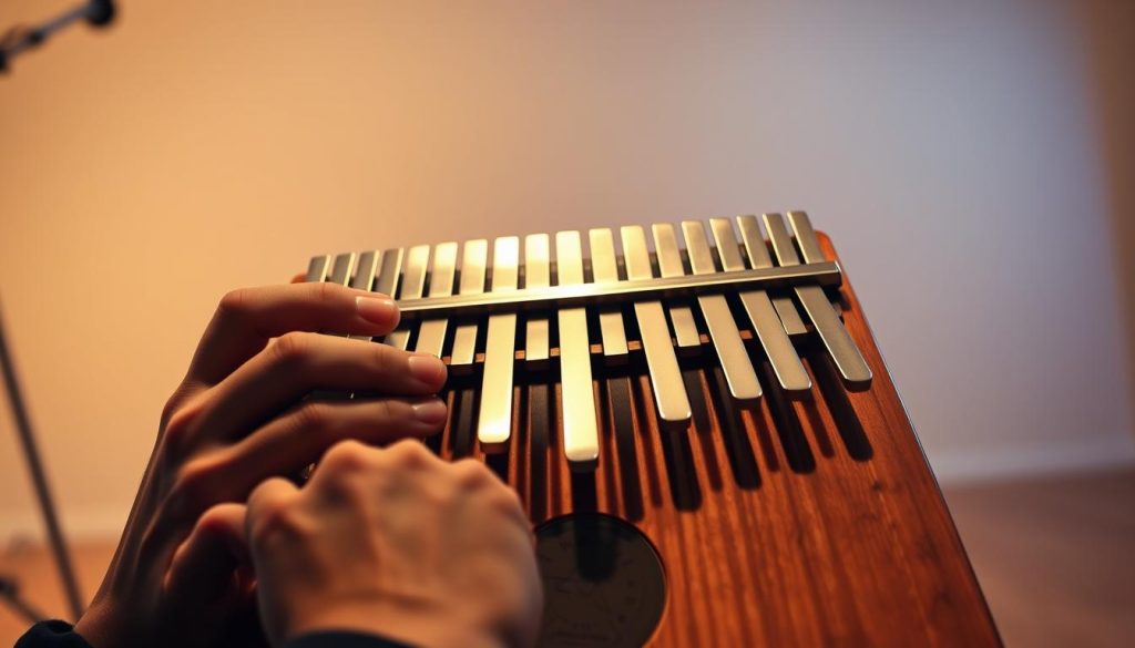 A professional musician focused on playing the kalimba in a practice setting, showcasing common mistakes in posture and tempo. The foreground features the musician's hands, positioned incorrectly on the instrument, with a close-up on disarranged finger placements. In the middle layer, the kalimba itself should be depicted clearly, highlighting the 17 keys while some keys are subtly highlighted to indicate incorrect pressing techniques. The background contains a softly lit, minimalist studio atmosphere with warm, ambient lighting to create an inviting mood. The lens should capture a slightly angled perspective for depth, while maintaining a clear focus on the kalimba and the musician's hands, emphasizing the theme of learning and correction in music practice.