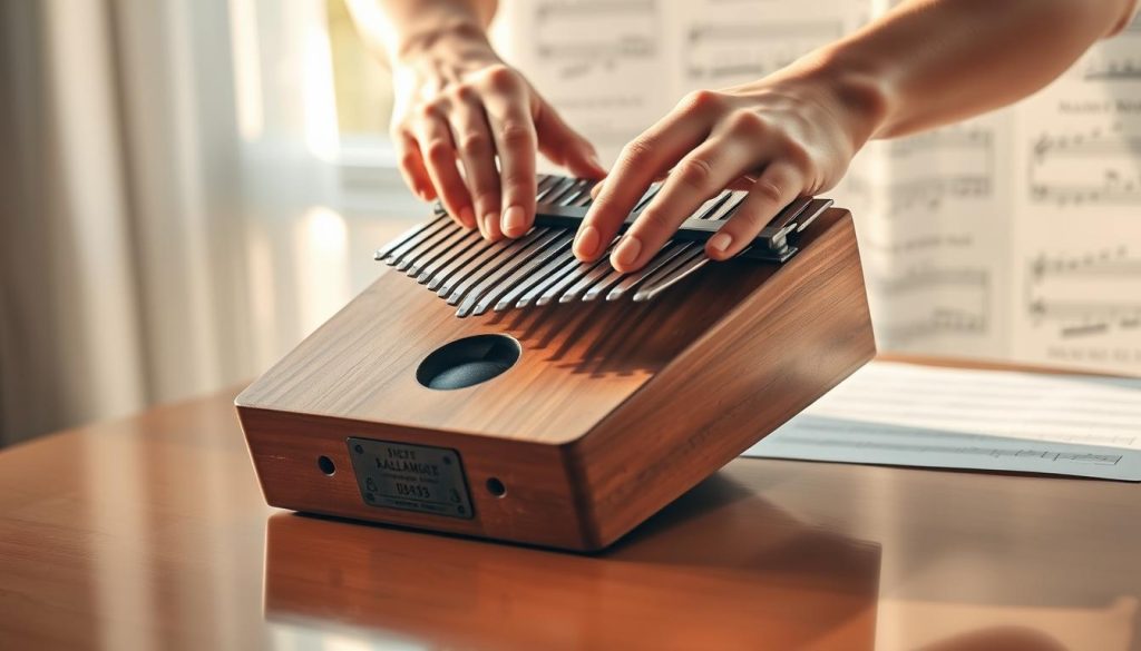 A serene indoor setting showcasing a beautiful wooden kalimba on a polished table, with a pair of hands skillfully demonstrating various playing techniques. The hands are elegantly positioned, fingers gracefully plucking the tines, creating a sense of movement and rhythm. Sunlight filters in through a nearby window, casting soft, warm light that highlights the intricate details of the kalimba’s wood grain and the relaxed yet focused expression on the player’s face. The background features a softly blurred array of musical notes and sheet music, creating an ambiance of creativity and learning. The atmosphere is inviting and inspiring, perfect for conveying the joy of mastering kalimba techniques.