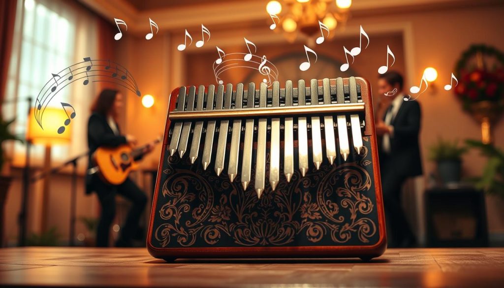 A vibrant, artistic representation of a kalimba, intricately designed with advanced syncopated rhythms and ornamental patterns. The kalimba is centrally placed in the foreground, showcasing its 17 metal blades glinting under warm, soft lighting. Surrounding the instrument, gently flowing musical notes dance upwards, visually representing the rhythm and variations in a dynamic way. The middle ground features blurred silhouettes of musicians in professional attire, passionately interacting with the music. In the background, an atmospheric setting suggests a cozy, intimate performance space with subtle hints of decorative elements inspired by the themes of Boney M's music. The overall mood is lively yet serene, evoking creativity and inspiration through sound and art.