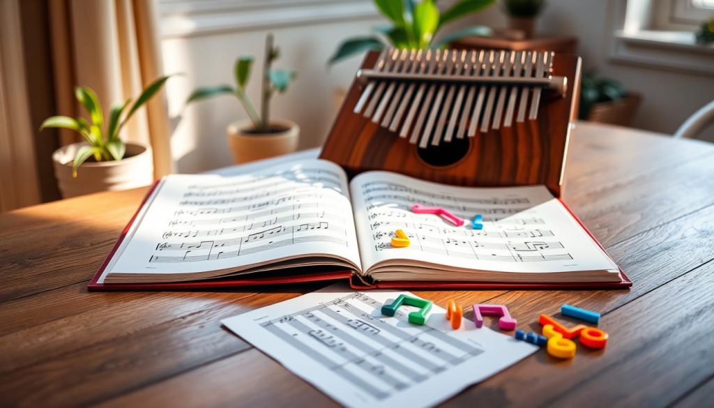 A vibrant still-life composition featuring a beautifully crafted kalimba with wooden keys arranged neatly on a wooden table. In the foreground, gently illuminated by soft, natural light streaming in from a nearby window, lies an open sheet of kalimba tablature displaying clear and colorful notations. The middle layer includes a selection of colorful kalimba notes and music symbols artistically scattered around the tablature, creating an inviting atmosphere for beginners. In the background, a calm and serene room setting with light-colored walls and a few potted plants adds a cozy touch, enhancing the mood of tranquility and focus. The overall ambiance should convey a sense of creativity and inspiration while maintaining clarity and simplicity in the subject matter.
