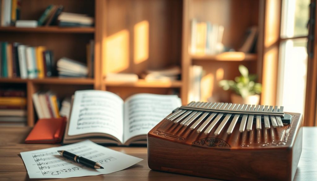 A beautifully arranged accorder kalimba sits prominently in the foreground, its wooden body showcasing intricate carvings and polished metal tines glinting in soft, natural light. The middle ground features an open sheet of music with colorful notes and markings, alongside a notebook and a stylus, suggesting a learning environment. In the background, a blurred indoor setting reveals warm-toned wooden shelves lined with musical books and instruments, creating an inviting atmosphere. The scene is lit by gentle sunlight streaming through a nearby window, casting soft shadows that enhance the warmth and coziness. The overall mood evokes a sense of calm and focus, reflecting the fundamentals of learning and mastering the kalimba efficiently. A beautifully arranged accorder kalimba sits prominently in the foreground, its wooden body showcasing intricate carvings and polished metal tines glinting in soft, natural light. The middle ground features an open sheet of music with colorful notes and markings, alongside a notebook and a stylus, suggesting a learning environment. In the background, a blurred indoor setting reveals warm-toned wooden shelves lined with musical books and instruments, creating an inviting atmosphere. The scene is lit by gentle sunlight streaming through a nearby window, casting soft shadows that enhance the warmth and coziness. The overall mood evokes a sense of calm and focus, reflecting the fundamentals of learning and mastering the kalimba efficiently.