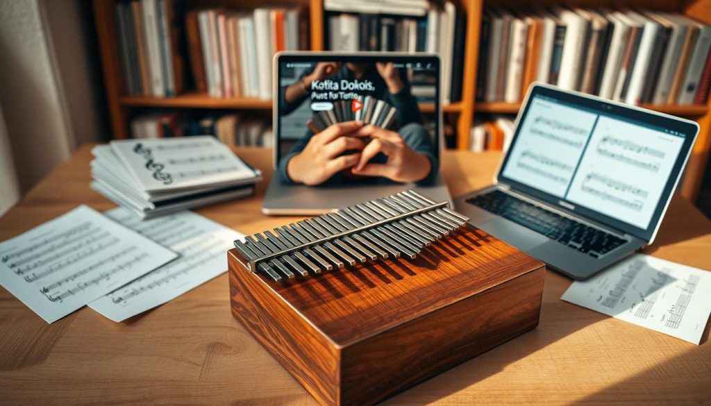 A beautifully arranged kalimba prominently sits in the foreground against a soft wooden surface. Surrounding it are neatly placed sheets of music tablatures and a laptop displaying an open video tutorial interface, all depicted on a cozy, well-lit desk. In the middle ground, a pair of hands, dressed in casual but tidy clothing, gently interact with the kalimba, highlighting the act of playing. The background features a softly blurred bookshelf filled with resource books on music theory and practice, creating an inviting atmosphere conducive to learning. The lighting is warm and natural, casting gentle shadows that enhance the serene and focused mood. The scene embodies a blend of creativity and educational purpose, perfect for illustrating useful resources for kalimba practice. A beautifully arranged kalimba prominently sits in the foreground against a soft wooden surface. Surrounding it are neatly placed sheets of music tablatures and a laptop displaying an open video tutorial interface, all depicted on a cozy, well-lit desk. In the middle ground, a pair of hands, dressed in casual but tidy clothing, gently interact with the kalimba, highlighting the act of playing. The background features a softly blurred bookshelf filled with resource books on music theory and practice, creating an inviting atmosphere conducive to learning. The lighting is warm and natural, casting gentle shadows that enhance the serene and focused mood. The scene embodies a blend of creativity and educational purpose, perfect for illustrating useful resources for kalimba practice.