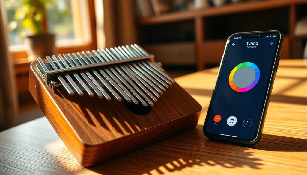 A beautifully arranged kalimba tuning setup, showcasing a stylish wooden kalimba placed prominently in the foreground, its metal tines glistening under soft, natural light. Next to the kalimba lies a smartphone displaying a tuning app, with an open interface featuring vibrant colors and clear indicators. The background is softly blurred, revealing a cozy room setting with warm wooden accents, creating a relaxed and inviting atmosphere. Gentle sunlight filters through a nearby window, casting delicate shadows that enhance the mood of tranquility and focus. The angle emphasizes the details of both the kalimba and smartphone, inviting the viewer to envision an easy and enjoyable tuning experience. A beautifully arranged kalimba tuning setup, showcasing a stylish wooden kalimba placed prominently in the foreground, its metal tines glistening under soft, natural light. Next to the kalimba lies a smartphone displaying a tuning app, with an open interface featuring vibrant colors and clear indicators. The background is softly blurred, revealing a cozy room setting with warm wooden accents, creating a relaxed and inviting atmosphere. Gentle sunlight filters through a nearby window, casting delicate shadows that enhance the mood of tranquility and focus. The angle emphasizes the details of both the kalimba and smartphone, inviting the viewer to envision an easy and enjoyable tuning experience.