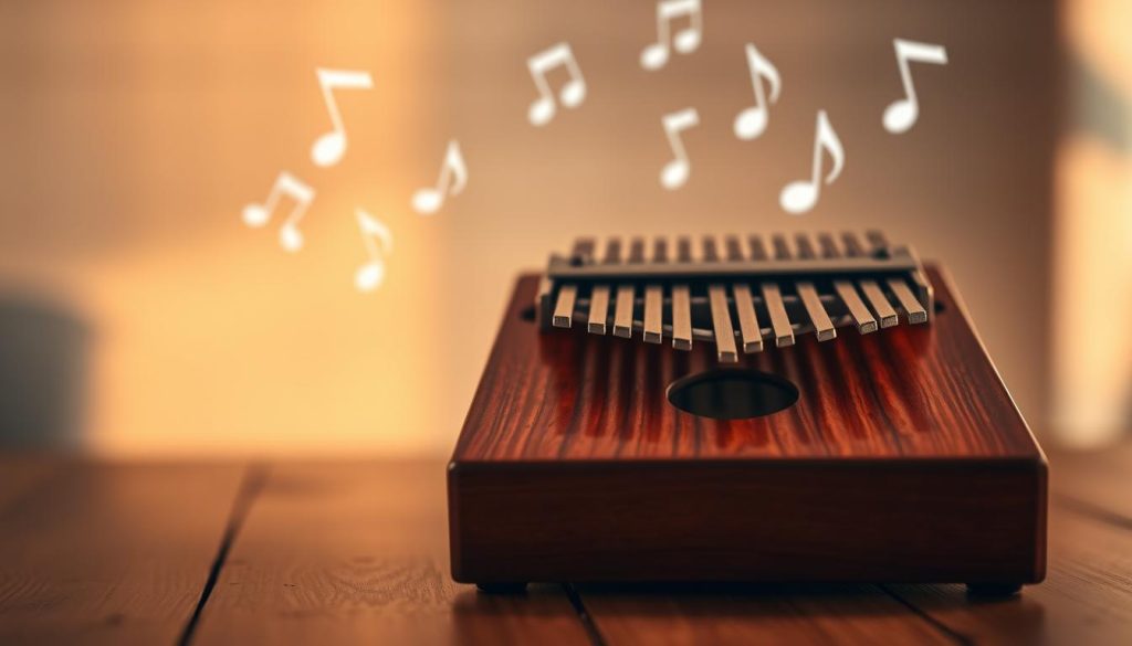 A beautifully arranged scene showcasing a 17-key kalimba placed on a wooden table, with focus on the lower-pitched keys, emphasizing their deeper tones. The kalimba, made of rich mahogany, glistens under soft, warm lighting that creates a cozy, inviting atmosphere. In the background, blurred musical notes float, symbolizing the concept of pitch—some rising upward while others descend, illustrating the contrast between higher and lower tones. The depth of field should highlight the intricate craftsmanship of the kalimba, while shadows gently fall across the table, adding dimensionality to the composition. Overall, the mood is serene and contemplative, capturing the essence of making music by ear without the aid of a tuner. A beautifully arranged scene showcasing a 17-key kalimba placed on a wooden table, with focus on the lower-pitched keys, emphasizing their deeper tones. The kalimba, made of rich mahogany, glistens under soft, warm lighting that creates a cozy, inviting atmosphere. In the background, blurred musical notes float, symbolizing the concept of pitch—some rising upward while others descend, illustrating the contrast between higher and lower tones. The depth of field should highlight the intricate craftsmanship of the kalimba, while shadows gently fall across the table, adding dimensionality to the composition. Overall, the mood is serene and contemplative, capturing the essence of making music by ear without the aid of a tuner.