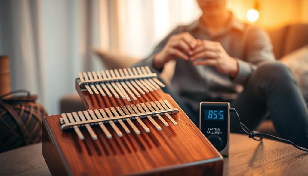 A beautifully arranged setting showcasing an accorder for a kalimba in use. Foreground features an elegant kalimba instrument, glistening wooden body with clearly visible metal tines, accompanied by a digital tuner displaying its readout. In the middle ground, a pair of hands gently tuning the instrument, wearing modest casual clothing, showcasing the tuning process with focused expressions. The background softly blurs out various musical notes floating in the air, evoking a serene, musical atmosphere. The lighting is warm and inviting, creating a cozy indoor setting, with a shallow depth of field to emphasize the kalimba and tuner. Overall, the mood is calm and focused, perfect for illustrating the simplicity of tuning a kalimba easily.