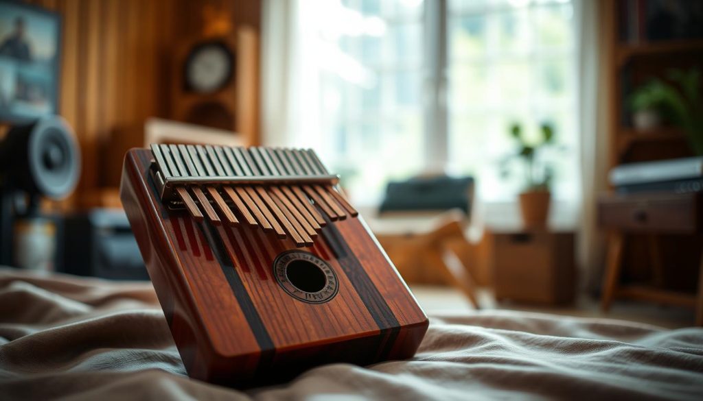 A beautifully crafted accorder kalimba, featuring polished wooden keys and intricate carving details, sits on a soft, textured fabric background that enhances its colors. In the foreground, the kalimba is positioned at a slight angle to showcase its unique shape and the tuning mechanism. The middle layer captures the serene atmosphere of music-making, with soft, diffused lighting illuminating the instrument, creating gentle shadows that enhance its craftsmanship. In the background, a blurred out image of a cozy music studio, with warm wood tones and soft natural light streaming through a window, evokes a calming yet inspiring mood. The scene invites viewers to engage with the idea of learning and correcting common musical mistakes, accentuated by the focus on the kalimba's tuning and adjustment. A beautifully crafted accorder kalimba, featuring polished wooden keys and intricate carving details, sits on a soft, textured fabric background that enhances its colors. In the foreground, the kalimba is positioned at a slight angle to showcase its unique shape and the tuning mechanism. The middle layer captures the serene atmosphere of music-making, with soft, diffused lighting illuminating the instrument, creating gentle shadows that enhance its craftsmanship. In the background, a blurred out image of a cozy music studio, with warm wood tones and soft natural light streaming through a window, evokes a calming yet inspiring mood. The scene invites viewers to engage with the idea of learning and correcting common musical mistakes, accentuated by the focus on the kalimba's tuning and adjustment.