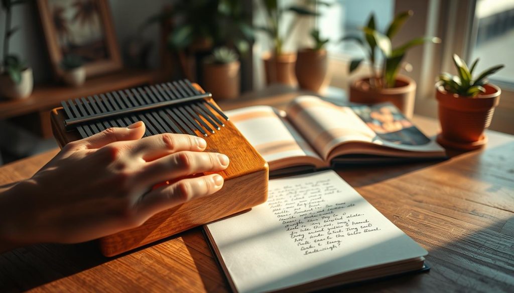 A beautifully illuminated kalimba placed prominently on a wooden table, capturing the intricate details of its wooden body and metal tines. In the foreground, a close-up of hands gently playing the instrument, fingers positioned correctly on the tines to evoke a sense of learning and progress. The middle background features an open notebook with handwritten notes about choosing instruments and tuning, surrounded by a few colorful music sheets. Soft, warm lighting casts gentle shadows, creating an inviting atmosphere that encourages relaxation and focus. The background remains blurred with hints of a serene, cozy room, enriched by plants and art, enhancing the overall mood of creativity and learning without distraction.