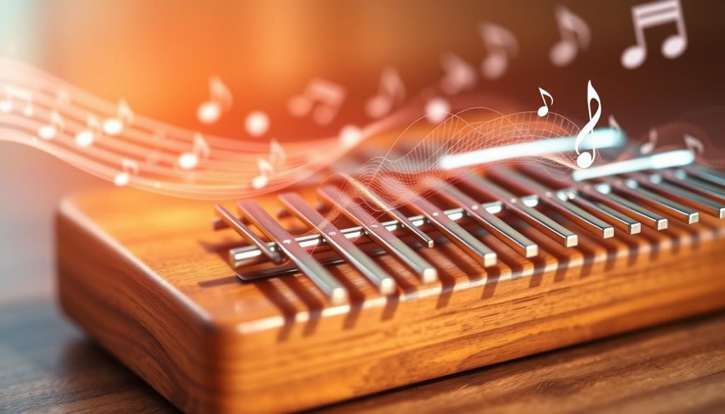 A close-up view of a beautifully crafted kalimba with 17 metal tines, resting on a wooden surface. Each tine is intricately tuned and resonates with different frequencies. The scene captures the essence of sound and frequency with vibrant sound wave patterns visually emanating from the kalimba. Soft, warm lighting bathes the instrument, highlighting the rich wood grain and reflective shine of the tines. In the background, blurred musical notes swirl gently, evoking a sense of harmony and melody. The overall atmosphere is serene and focused, inviting the viewer into the world of ear training and pitch recognition. The composition is captured with a shallow depth of field, emphasizing the kalimba in the foreground while creating an artistic bokeh effect in the background. A close-up view of a beautifully crafted kalimba with 17 metal tines, resting on a wooden surface. Each tine is intricately tuned and resonates with different frequencies. The scene captures the essence of sound and frequency with vibrant sound wave patterns visually emanating from the kalimba. Soft, warm lighting bathes the instrument, highlighting the rich wood grain and reflective shine of the tines. In the background, blurred musical notes swirl gently, evoking a sense of harmony and melody. The overall atmosphere is serene and focused, inviting the viewer into the world of ear training and pitch recognition. The composition is captured with a shallow depth of field, emphasizing the kalimba in the foreground while creating an artistic bokeh effect in the background.