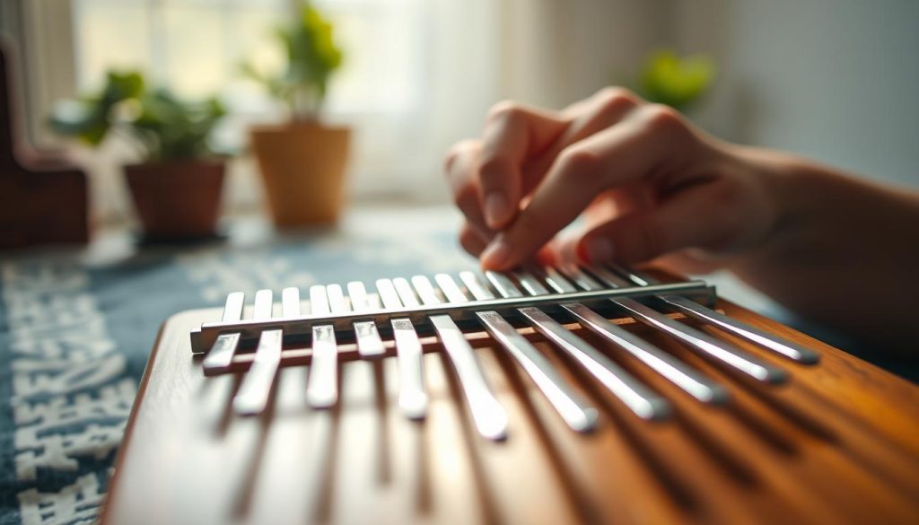 A close-up view of a kalimba, highlighting its metal tines gleaming under soft, warm lighting, creating a serene and engaging atmosphere. The foreground features the kalimba with its beautifully crafted wooden body, showcasing the intricate details of the instrument’s design. In the middle ground, a pair of hands gently pressing down on a tine, eliciting a clear, melodic note. The background is softly blurred, suggesting a cozy, inviting space that resembles a music practice area, adorned with potted plants. The overall mood is peaceful and inspiring, evoking the joy of making music for the first time. The image should be captured with a shallow depth of field, emphasizing the kalimba and hands while allowing the background to fade softly. A close-up view of a kalimba, highlighting its metal tines gleaming under soft, warm lighting, creating a serene and engaging atmosphere. The foreground features the kalimba with its beautifully crafted wooden body, showcasing the intricate details of the instrument’s design. In the middle ground, a pair of hands gently pressing down on a tine, eliciting a clear, melodic note. The background is softly blurred, suggesting a cozy, inviting space that resembles a music practice area, adorned with potted plants. The overall mood is peaceful and inspiring, evoking the joy of making music for the first time. The image should be captured with a shallow depth of field, emphasizing the kalimba and hands while allowing the background to fade softly.