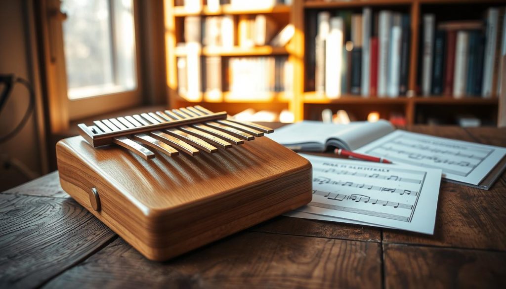 A close-up view of a kalimba placed on a rustic wooden table, surrounded by colorful tablature sheets showing simple musical notes and symbols for learning. The kalimba features polished wooden keys and a smooth, natural finish, with delicate embellishments visible on its body. Soft, warm natural light filters through a nearby window, creating gentle reflections on the instrument and sheets. In the background, a blurred bookshelf filled with music books and other instruments enhances the atmosphere of a cozy, inviting learning space. The focus is on the kalimba and the tablature, evoking a calm and encouraging mood perfect for solo learning.
