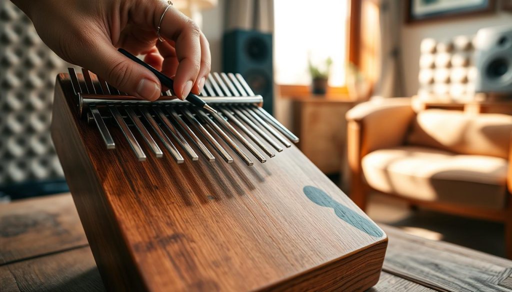 A close-up view of a kalimba with 17 steel tines, elegantly positioned on a rustic wooden table. The centerpiece showcases the intricate details of the tines and the body, emphasizing their metal sheen and smooth curves. In the foreground, a hand is gently adjusting the tines with a tuning tool, illustrating the process of stabilizing the tuning. Soft natural light filters through a nearby window, casting warm highlights and gentle shadows, creating an inviting atmosphere. In the background, blurred hints of soundproof foam panels and a cozy room setting evoke a sense of calm and focus, ideal for practicing and tuning string instruments. The overall mood conveys a serene and dedicated approach to mastering the kalimba's sound. A close-up view of a kalimba with 17 steel tines, elegantly positioned on a rustic wooden table. The centerpiece showcases the intricate details of the tines and the body, emphasizing their metal sheen and smooth curves. In the foreground, a hand is gently adjusting the tines with a tuning tool, illustrating the process of stabilizing the tuning. Soft natural light filters through a nearby window, casting warm highlights and gentle shadows, creating an inviting atmosphere. In the background, blurred hints of soundproof foam panels and a cozy room setting evoke a sense of calm and focus, ideal for practicing and tuning string instruments. The overall mood conveys a serene and dedicated approach to mastering the kalimba's sound.