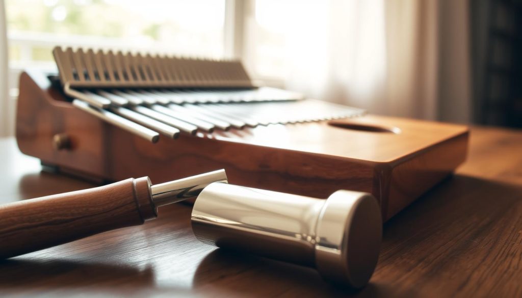 A close-up view of a "marteau accordage" (tuning hammer) used for tuning a 17-key kalimba, elegantly placed on a wooden table. The hammer should be crafted from polished metal, reflecting light, with a soft, natural sheen, and the handle should be made of warm-toned wood, showing the grain. In the background, an intricately designed kalimba with visible metal tines, some slightly raised, hinting at tuning adjustments in progress. The room is illuminated with soft, diffused sunlight filtering through a nearby window, creating gentle highlights, and casting soft shadows for a cozy, inviting atmosphere. The overall composition should convey a sense of focus and tranquility, perfect for a moment of musical engagement. A close-up view of a "marteau accordage" (tuning hammer) used for tuning a 17-key kalimba, elegantly placed on a wooden table. The hammer should be crafted from polished metal, reflecting light, with a soft, natural sheen, and the handle should be made of warm-toned wood, showing the grain. In the background, an intricately designed kalimba with visible metal tines, some slightly raised, hinting at tuning adjustments in progress. The room is illuminated with soft, diffused sunlight filtering through a nearby window, creating gentle highlights, and casting soft shadows for a cozy, inviting atmosphere. The overall composition should convey a sense of focus and tranquility, perfect for a moment of musical engagement.