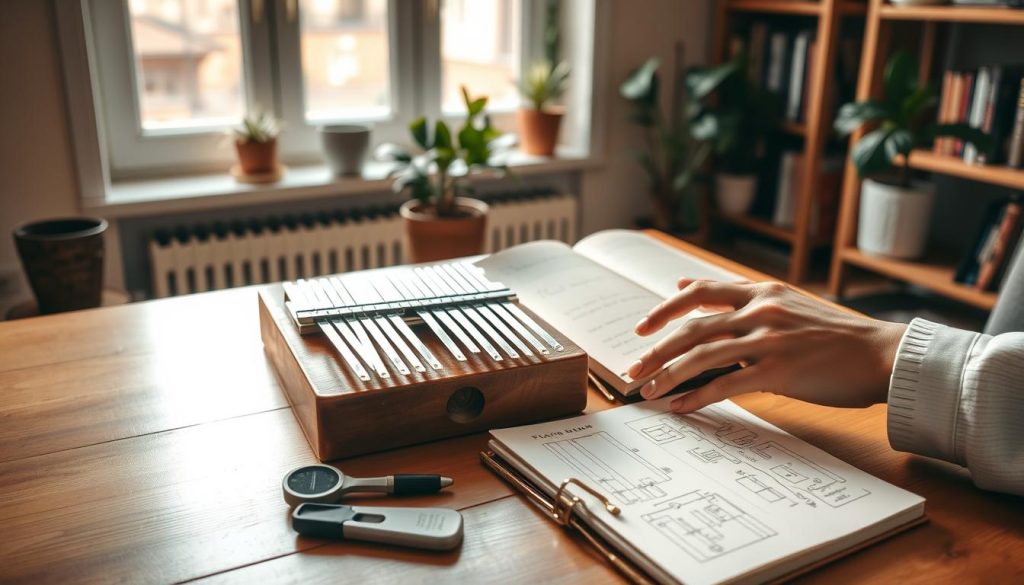 A serene and inspiring workspace scene for a kalimba musician, featuring a beautifully crafted kalimba placed on a wooden surface with a gentle light illuminating it from a nearby window, casting soft shadows. In the foreground, a pair of skilled hands gracefully maneuver the kalimba keys, demonstrating intricate playing techniques. In the middle ground, an open notebook filled with notes and diagrams outlining various techniques, alongside a small 音器 (musical instrument) toolkit. In the background, shelves lined with music books and potted plants, enhancing the atmosphere of creativity. The room should feel calm and inviting, with warm, natural light creating a cozy and focused mood, perfect for learning and practicing music.