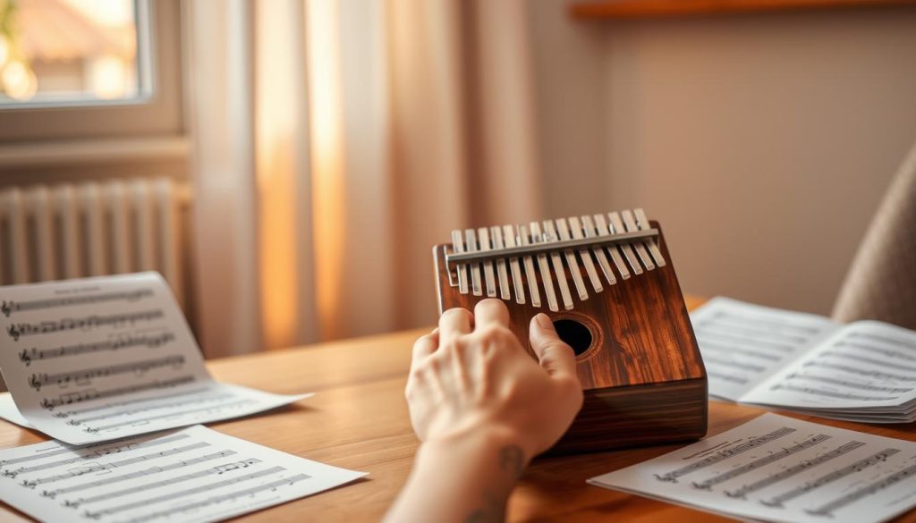 A tranquil indoor setting featuring a beautifully crafted kalimba placed on a wooden table, surrounded by several music sheets with simple exercises. In the foreground, a pair of hands gently plays the kalimba, showcasing a calm and focused expression. The middle ground includes a soft-focus background of warm, diffused light filtering through a window, highlighting the serene atmosphere. On the wall behind, subtle musical notes are sketched lightly, suggesting creativity and learning. The image is warm and inviting, with a soft focus, creating a sense of inspiration and progress. The lighting is bright yet soft, enhancing the wooden textures of the kalimba and table, evoking a mood of tranquility and focus for beginners in their musical journey. A tranquil indoor setting featuring a beautifully crafted kalimba placed on a wooden table, surrounded by several music sheets with simple exercises. In the foreground, a pair of hands gently plays the kalimba, showcasing a calm and focused expression. The middle ground includes a soft-focus background of warm, diffused light filtering through a window, highlighting the serene atmosphere. On the wall behind, subtle musical notes are sketched lightly, suggesting creativity and learning. The image is warm and inviting, with a soft focus, creating a sense of inspiration and progress. The lighting is bright yet soft, enhancing the wooden textures of the kalimba and table, evoking a mood of tranquility and focus for beginners in their musical journey.