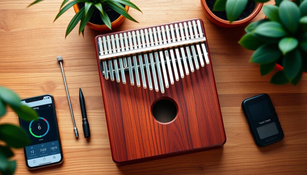 A beautifully arranged flat lay of a 17-key kalimba, showcasing its wooden texture and vibrant metal tines, placed on a wooden table. Surrounding the kalimba are various tuning tools such as a tuning app interface displayed on a smartphone, a tuning fork, and a digital tuner. The background features softly blurred plants for a natural ambiance, and warm, soft lighting casts gentle shadows, emphasizing the rich color and craftsmanship of the kalimba. The angle is slightly above, allowing viewers to see both the kalimba and the tuning tools in detail. The mood conveys calm and focus, inviting the audience to learn about the art of tuning this unique instrument. A beautifully arranged flat lay of a 17-key kalimba, showcasing its wooden texture and vibrant metal tines, placed on a wooden table. Surrounding the kalimba are various tuning tools such as a tuning app interface displayed on a smartphone, a tuning fork, and a digital tuner. The background features softly blurred plants for a natural ambiance, and warm, soft lighting casts gentle shadows, emphasizing the rich color and craftsmanship of the kalimba. The angle is slightly above, allowing viewers to see both the kalimba and the tuning tools in detail. The mood conveys calm and focus, inviting the audience to learn about the art of tuning this unique instrument.