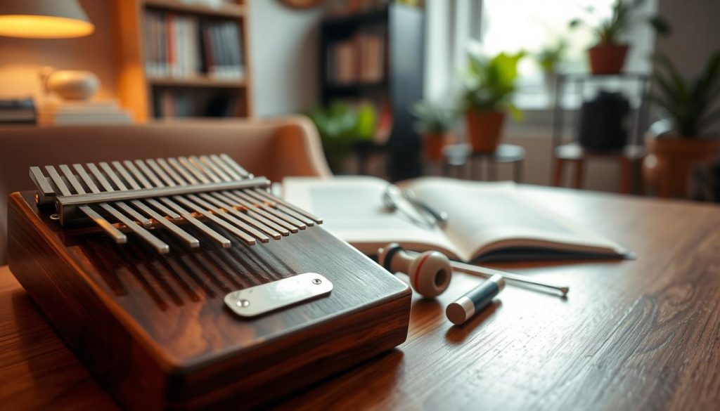 A beautifully arranged kalimba on a wooden table, showcasing its 7 or 8 metal tines glimmering under soft, warm light. In the foreground, the instrument is highlighted with a gentle focus, its intricate craftsmanship visible in detail. Beside the kalimba, a tuning fork and a small pitch pipe rest, symbolizing the tuning process. In the middle ground, blurred sheet music sits, hinting at practice and melody. The background features a cozy room with shelves of music books and potted plants, adding a serene atmosphere. The lighting is soft and inviting, creating a calm mood that emphasizes the importance of regular tuning for excellent sound quality. The angle is slightly overhead, capturing the essence of care and attention in the art of tuning a kalimba.