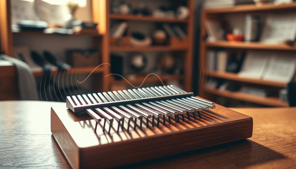 A beautifully arranged kalimba placed on a wooden table, tuned precisely to display its various notes and frequencies. In the foreground, a close-up view of the kalimba's metal tines glistening softly in the warm, natural light, highlighting their polished texture. In the middle ground, delicate sound waves radiate outward from the instrument, visually representing musical frequencies, with gentle curves and varying intensities. In the background, blurred but still recognizable, shelves filled with musical notation and tuning tools, creating a sense of a workspace dedicated to the art of music. The atmosphere is serene and focused, evoking a sense of calm and creativity, as if inviting the viewer to explore the nuances of tuning and sound. A beautifully arranged kalimba placed on a wooden table, tuned precisely to display its various notes and frequencies. In the foreground, a close-up view of the kalimba's metal tines glistening softly in the warm, natural light, highlighting their polished texture. In the middle ground, delicate sound waves radiate outward from the instrument, visually representing musical frequencies, with gentle curves and varying intensities. In the background, blurred but still recognizable, shelves filled with musical notation and tuning tools, creating a sense of a workspace dedicated to the art of music. The atmosphere is serene and focused, evoking a sense of calm and creativity, as if inviting the viewer to explore the nuances of tuning and sound.