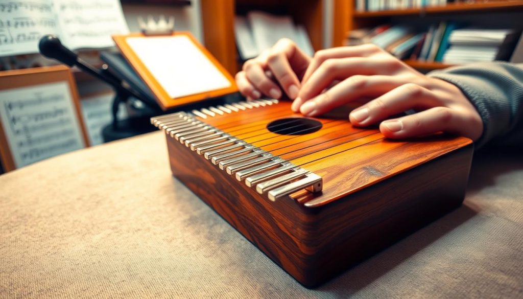 A beautifully arranged kalimba with vibrant wooden tones, resting on a textured fabric surface. The foreground features the kalimba positioned slightly off-center, showcasing its seven or eight metal tines glistening under soft, warm lighting. Each tine is meticulously tuned, highlighting minor discrepancies in pitch, with a few tuning pegs visible nearby. In the middle ground, a pair of hands gently adjusting a tuning peg illustrate the act of tuning the instrument, clad in modest casual clothing. In the background, soft blurred elements hint at a cozy music room setting with shelves filled with music sheets and instruments, contributing to a soothing and focused atmosphere perfect for musical adjustments.