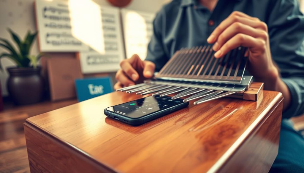 A beautifully arranged scene featuring a close-up of a chromatic kalimba with polished wooden keys, delicately reflecting soft light. In the foreground, a skilled musician, dressed in casual yet professional attire, holds the kalimba confidently, showcasing the instrument's tuning pegs. In the middle ground, a tuning app or smartphone lies nearby, displaying notes and visual indicators, illustrating tools for tuning. The background features a warm, inviting studio environment with soft-focus musical sheets and natural elements like plants or rich wooden textures. Soft, natural lighting creates a serene mood, enhancing the focus on the kalimba and its tuning process.