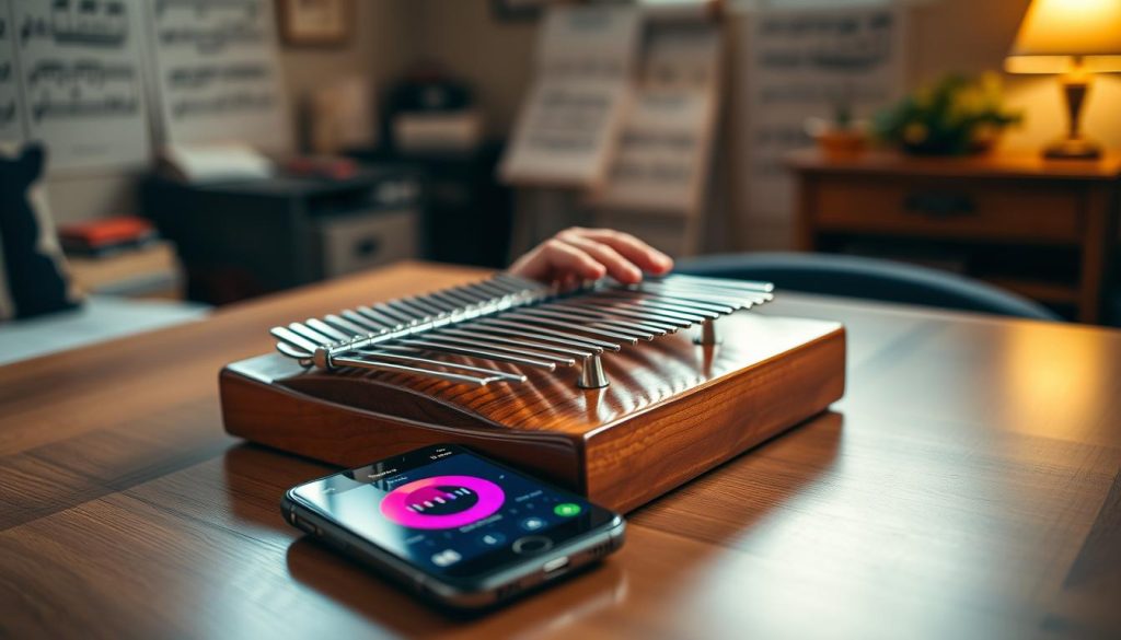 A beautifully crafted kalimba resting on a wooden table, showcasing its gleaming wooden finish and metal tines, with a few colorful tuning stickers placed on the instrument. In the foreground, a pair of hands gently play the kalimba, fingers gracefully positioned above the tines. The middle ground features a smartphone with a kalimba tuning app open, displayed with a vibrant interface that highlights sound waveforms. Soft, warm lighting illuminates the scene, creating a cozy atmosphere. The background consists of a blurred room filled with musical notes and sheet music, evoking a creative environment. A shallow depth of field focuses on the kalimba, adding a sense of intimacy to the image while maintaining a professional aesthetic. A beautifully crafted kalimba resting on a wooden table, showcasing its gleaming wooden finish and metal tines, with a few colorful tuning stickers placed on the instrument. In the foreground, a pair of hands gently play the kalimba, fingers gracefully positioned above the tines. The middle ground features a smartphone with a kalimba tuning app open, displayed with a vibrant interface that highlights sound waveforms. Soft, warm lighting illuminates the scene, creating a cozy atmosphere. The background consists of a blurred room filled with musical notes and sheet music, evoking a creative environment. A shallow depth of field focuses on the kalimba, adding a sense of intimacy to the image while maintaining a professional aesthetic.