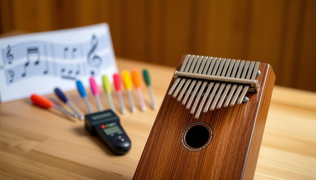 A beautifully crafted kalimba with 7 or 8 tines, prominently positioned in the foreground, showcasing its natural wood texture and polished finish. The kalimba is tuned and ready to be played, with a gentle light reflecting off its surface, highlighting its craftsmanship. In the middle ground, a tuning table is elegantly laid out with colorful tuning forks and a digital tuner, emphasizing the tuning process. The background features soft, blurred musical notes to create an artistic atmosphere, suggesting harmony and creativity. The scene is lit with warm, inviting lighting, reminiscent of a cozy music studio. The image aims to evoke a sense of joy and exploration in music-making.
