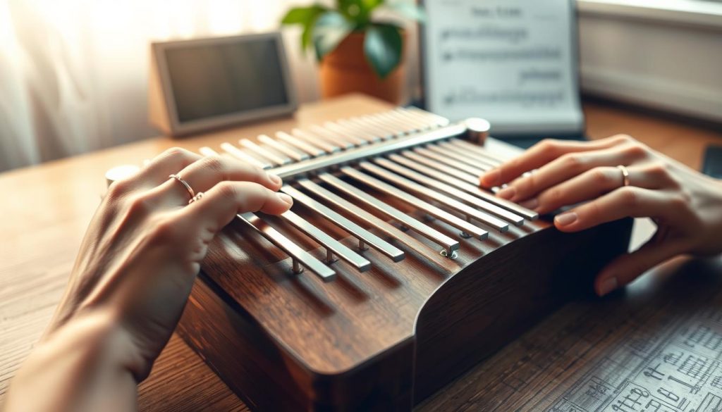 A close-up shot of hands skillfully playing a chromatic kalimba, showcasing the delicately tuned wooden keys gleaming under soft, warm lighting. The foreground highlights a pair of hands, adorned with simple rings, gently plucking the metal tines, demonstrating technique and artistry. In the middle ground, a beautifully crafted kalimba rests on a textured wooden surface, emphasizing its intricate design and craftsmanship. The background features a blurred musicians' workspace, hinting at a serene atmosphere filled with musical notes and soft hints of greenery. The camera angle is slightly elevated, capturing both the player’s hands and the instrument in detail, creating an inviting and tranquil mood perfect for illustrating the joy and accessibility of playing the chromatic kalimba.