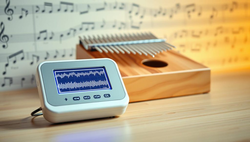 A close-up view of a kalimba tuner, an advanced electronic device specifically designed for tuning kalimbas, featuring a sleek, modern design in white and silver. The tuner, displayed in the foreground, should have a bright, digital screen showing sound wave patterns and pitch indicators. Behind it, a wooden kalimba sits on a light wooden table, emphasizing its natural texture. The background consists of soft-focus music notes and subtle scales, symbolizing the art of music. Warm, inviting lighting enhances the atmosphere, creating a peaceful and focused mood, ideal for musicians. The angle is slightly above, providing a clear view of the tuner and the kalimba, while avoiding any distractions. A close-up view of a kalimba tuner, an advanced electronic device specifically designed for tuning kalimbas, featuring a sleek, modern design in white and silver. The tuner, displayed in the foreground, should have a bright, digital screen showing sound wave patterns and pitch indicators. Behind it, a wooden kalimba sits on a light wooden table, emphasizing its natural texture. The background consists of soft-focus music notes and subtle scales, symbolizing the art of music. Warm, inviting lighting enhances the atmosphere, creating a peaceful and focused mood, ideal for musicians. The angle is slightly above, providing a clear view of the tuner and the kalimba, while avoiding any distractions.