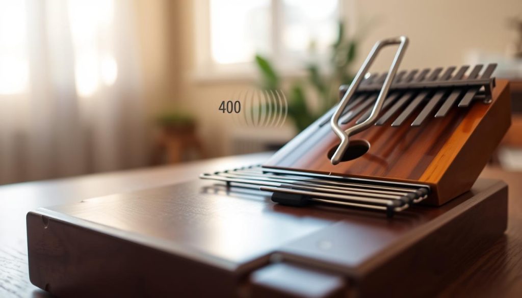 A close-up view of a kalimba with 7 or 8 tines, elegantly arranged on a wooden table in a softly lit room. In the foreground, focus on the polished tines, reflecting light at an angle that highlights their curves and material texture. In the middle ground, a tuning fork vibrating at 440 Hz is positioned beside the kalimba, with gentle sound waves illustrated emanating visually, signifying the concept of frequency with subtle, translucent waves. The background features warm, blurred tones that evoke a cozy atmosphere, suggesting a calming, musical environment. The overall mood is serene and focused, emphasizing precision and care in tuning the instrument. Natural light filters in from a window, casting soft shadows and creating depth.