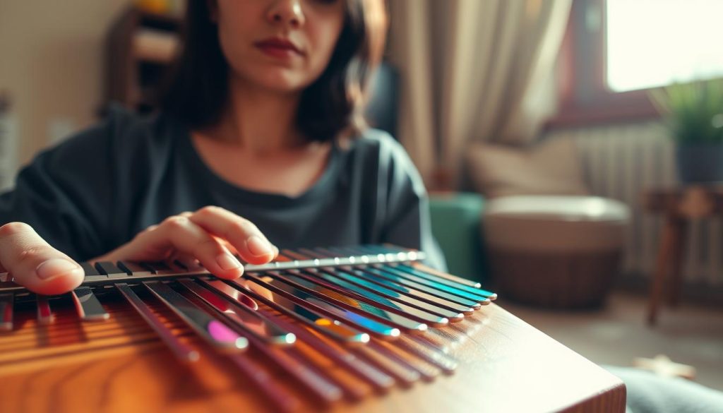 A close-up view of a person playing a beautifully crafted chromatic kalimba, their fingers gently pressing down the vibrant metal tines, producing melodic sounds. The foreground features the kalimba's intricate wood grain and colorful tines, reflecting soft light. In the middle ground, a serene and focused expression on the musician's face, dressed in modest casual attire. The background is softly blurred, showcasing a warm, inviting space with natural light streaming through a window and soft shadows creating a calming atmosphere. The overall mood is peaceful and creative, hinting at a moment of artistic expression and enjoyment.