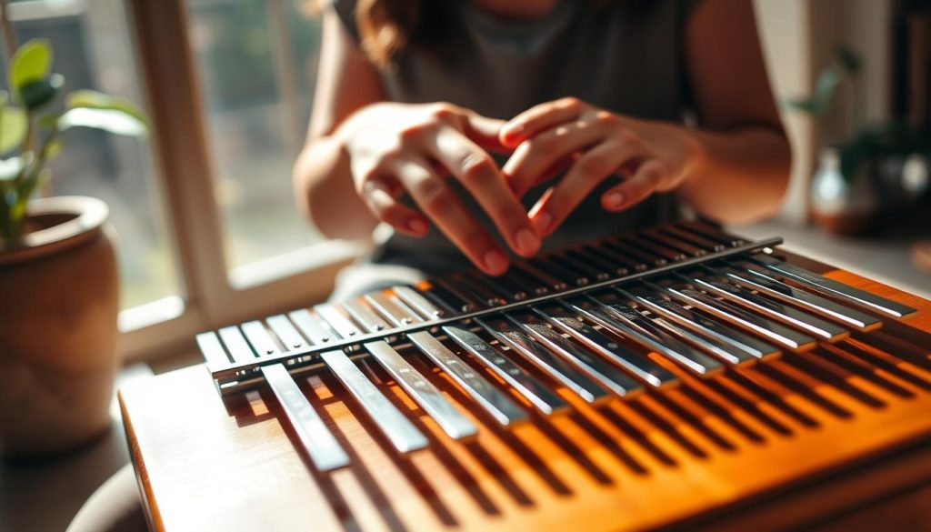 A close-up view of a person playing a chromatic kalimba in a serene setting, showcasing various techniques. In the foreground, their hands are gracefully positioned over the kalimba's metal tines, illustrating proper finger placement and technique. The musician is dressed in modest casual clothing, focusing intently on the instrument. The middle ground features the kalimba itself, with warm wooden tones and shimmering metal tines catching soft light. The background is a softly blurred natural environment, possibly a garden or sunlit room, adding a peaceful ambiance. The overall mood is relaxing yet inspiring, with warm, inviting lighting that emphasizes the beauty of the music and the instrument.