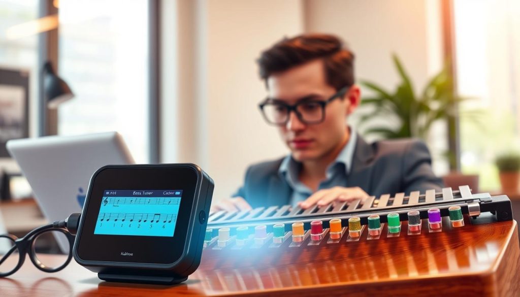 A detailed illustration of a "boss tuner" for a kalimba tuning application, set in a modern workspace. The foreground features a sleek, digital tuning device with a glowing screen displaying musical notes, surrounded by a wooden kalimba instrument with colorful tuning pegs. In the middle ground, a professional-looking person in business casual attire is focused intently on using the tuner, showcasing engagement and expertise. The background subtly includes a stylish office environment with soft, natural light filtering through large windows, creating a warm and inviting atmosphere. Use a shallow depth of field to keep the focus on the tuner and the kalimba, while softening the background details for a polished look. A detailed illustration of a "boss tuner" for a kalimba tuning application, set in a modern workspace. The foreground features a sleek, digital tuning device with a glowing screen displaying musical notes, surrounded by a wooden kalimba instrument with colorful tuning pegs. In the middle ground, a professional-looking person in business casual attire is focused intently on using the tuner, showcasing engagement and expertise. The background subtly includes a stylish office environment with soft, natural light filtering through large windows, creating a warm and inviting atmosphere. Use a shallow depth of field to keep the focus on the tuner and the kalimba, while softening the background details for a polished look.