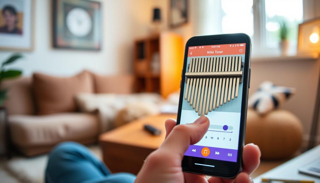 A modern mobile kalimba tuner interface displayed prominently in the foreground, showcasing digital tuning options and a colorful, user-friendly touch screen. The middle layer includes a hand gently tapping the screen to adjust the frequency, with focused attention on the device. The background features a cozy and inviting room with soft ambient lighting, emphasizing a serene atmosphere conducive to music practice. Natural light filters through a window, casting gentle shadows that enhance the warmth of the scene. The overall mood is calm and focused, ideal for musicians selecting a tuner application. The image should be framed from a slightly elevated angle to capture both the device and the user's interaction clearly, ensuring a professional presentation without any text or distractions. A modern mobile kalimba tuner interface displayed prominently in the foreground, showcasing digital tuning options and a colorful, user-friendly touch screen. The middle layer includes a hand gently tapping the screen to adjust the frequency, with focused attention on the device. The background features a cozy and inviting room with soft ambient lighting, emphasizing a serene atmosphere conducive to music practice. Natural light filters through a window, casting gentle shadows that enhance the warmth of the scene. The overall mood is calm and focused, ideal for musicians selecting a tuner application. The image should be framed from a slightly elevated angle to capture both the device and the user's interaction clearly, ensuring a professional presentation without any text or distractions.
